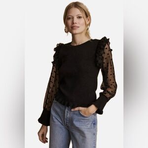 Anthropologie Maeve Ruffled Long Sheer Sleeve Blouse Top Smocked Large Black